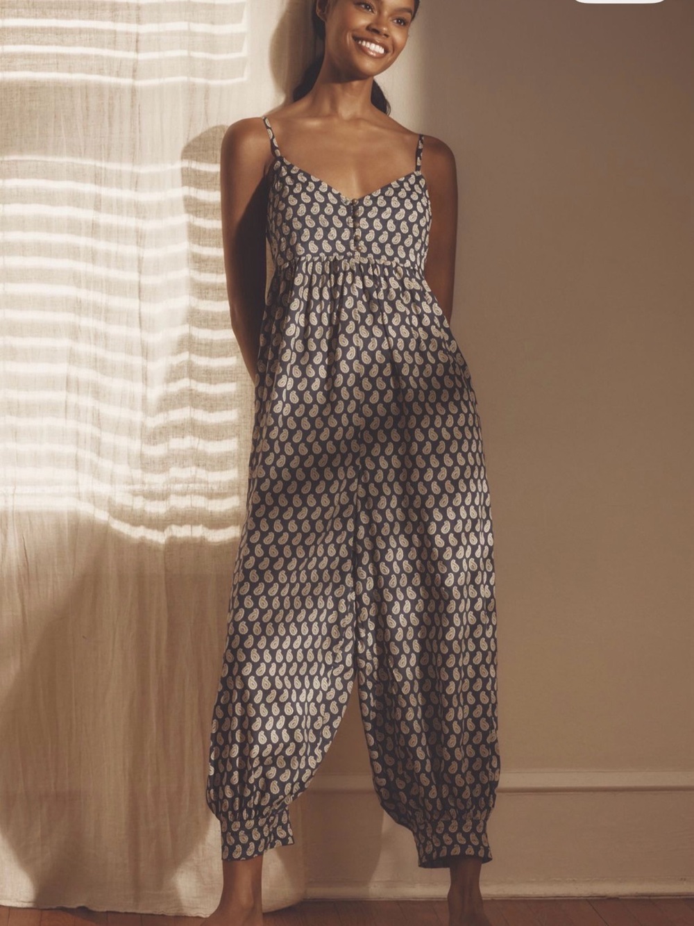 Anthropologie Printed Navy Wide-Leg Jumpsuit with Spaghetti Straps NWT Size XS
